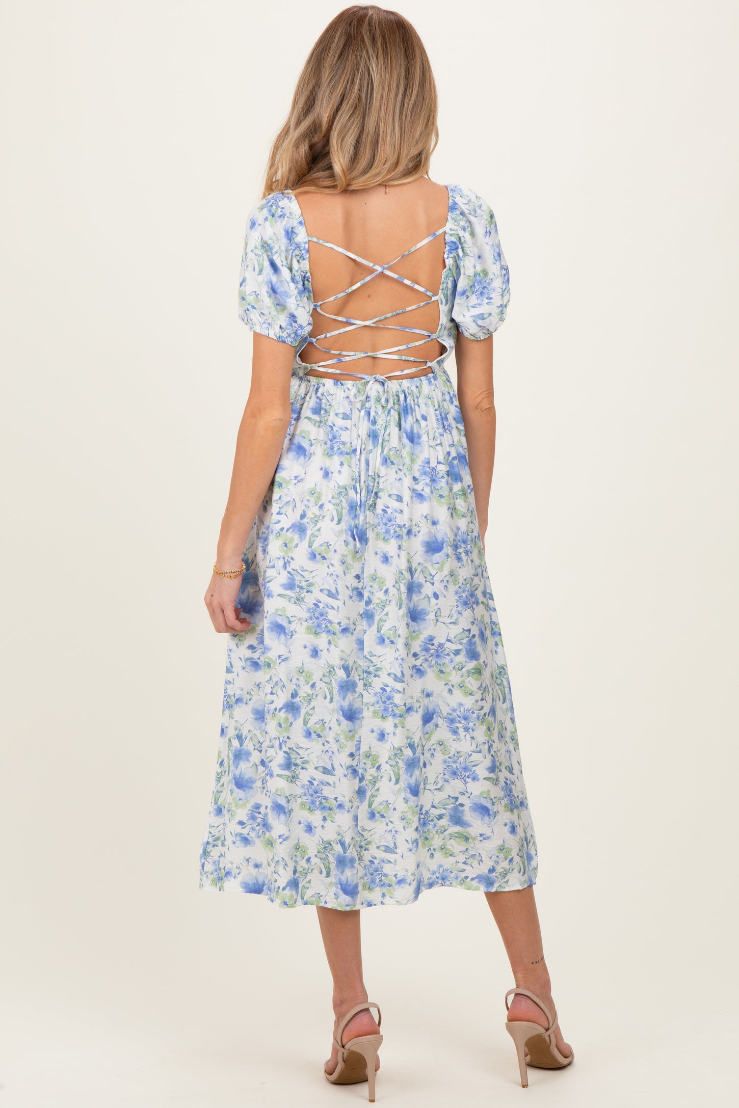 Blue Floral Crisscross Back Maternity Midi Dress
