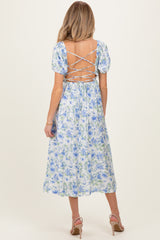 Blue Floral Crisscross Back Maternity Midi Dress