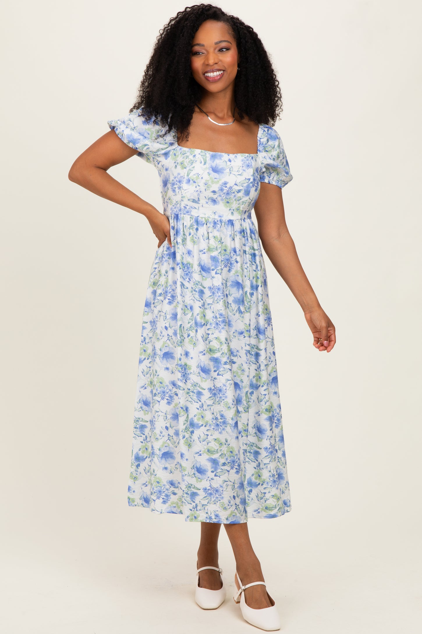 Blue Floral Crisscross Back Maternity Midi Dress