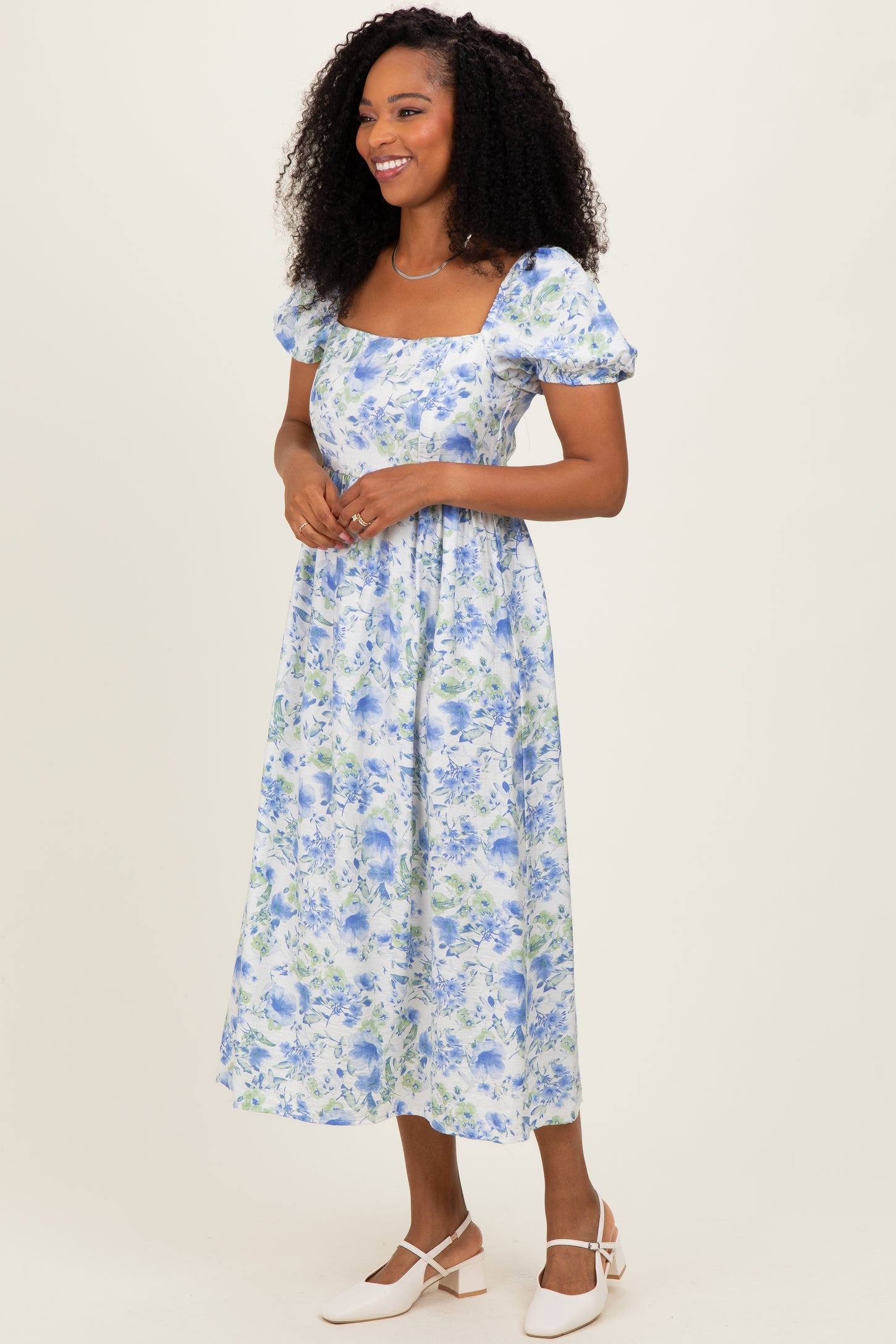 Blue Floral Crisscross Back Midi Dress