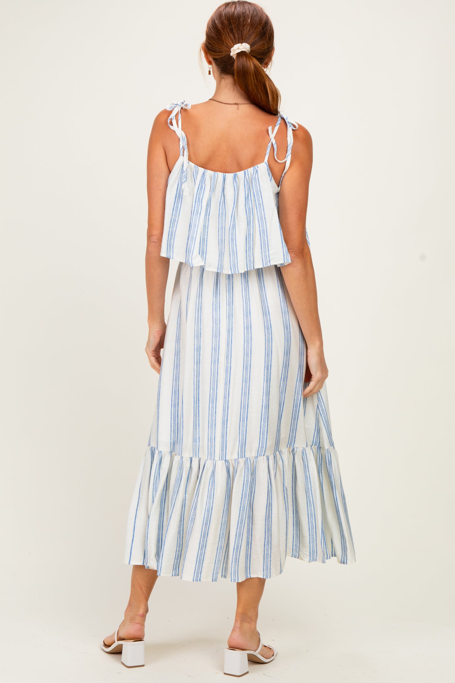 Blue Striped Flounce Shoulder Tie Midi Dress