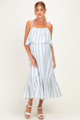 Blue Striped Flounce Shoulder Tie Maternity Midi Dress