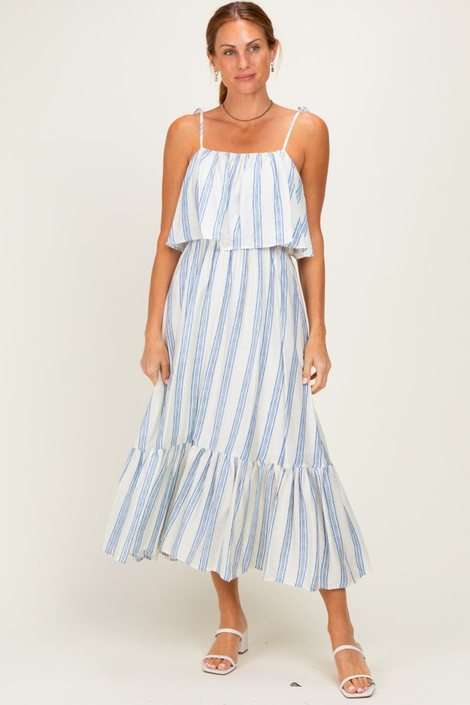 Blue Striped Flounce Shoulder Tie Maternity Midi Dress