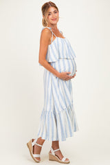 Blue Striped Flounce Shoulder Tie Maternity Midi Dress