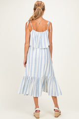 Blue Striped Flounce Shoulder Tie Maternity Midi Dress