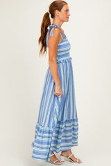 Blue Striped Smocked Shoulder Tie Midi Dress