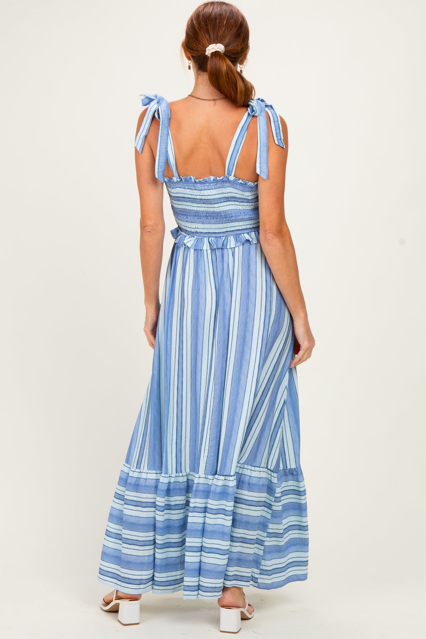Blue Striped Smocked Shoulder Tie Midi Dress