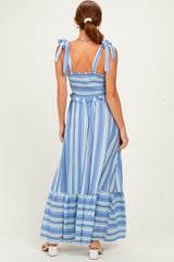 Blue Striped Smocked Shoulder Tie Midi Dress