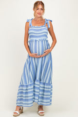 Blue Striped Smocked Shoulder Tie Maternity Midi Dress