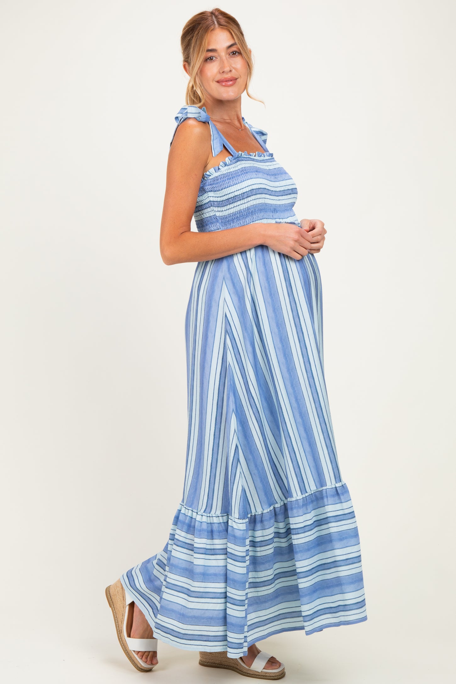Blue Striped Smocked Shoulder Tie Maternity Midi Dress
