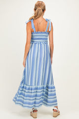 Blue Striped Smocked Shoulder Tie Maternity Midi Dress