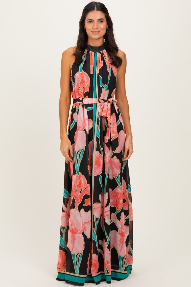 Black Floral Halter Maternity Maxi Dress