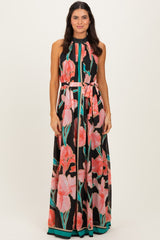 Black Floral Halter Maternity Maxi Dress