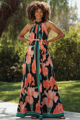 Black Floral Halter Maternity Maxi Dress
