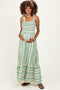 Green Striped Smocked Shoulder Tie Maternity Midi Dress