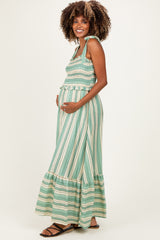 Green Striped Smocked Shoulder Tie Maternity Midi Dress