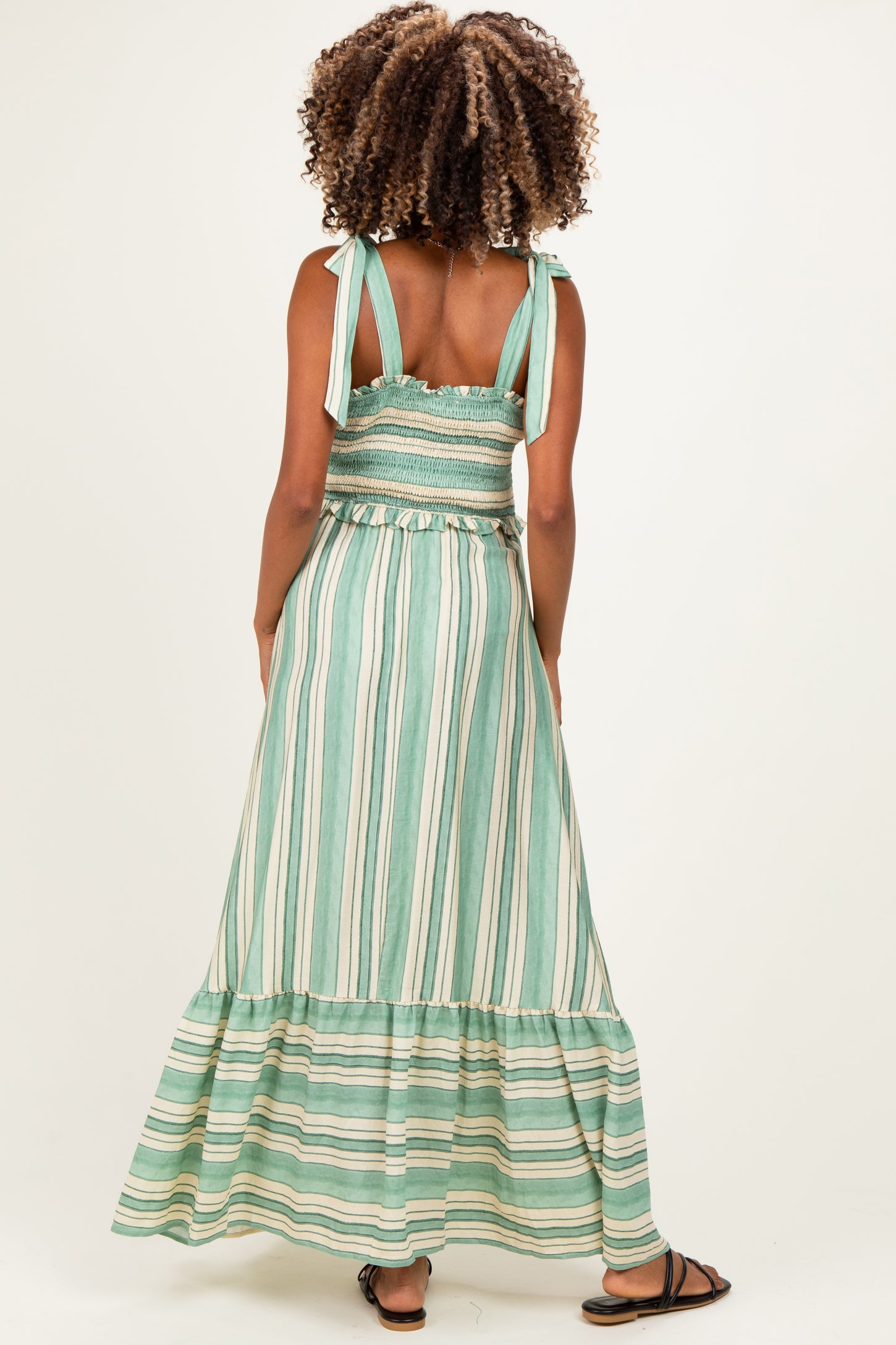 Green Striped Smocked Shoulder Tie Maternity Midi Dress