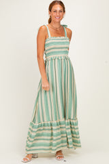 Green Striped Smocked Shoulder Tie Maternity Midi Dress