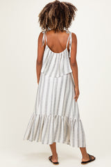 Black Striped Flounce Shoulder Tie Maternity Midi Dress