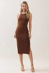 Brown/Soft White High Neck Ribbed Sleeveless Maternity Midi Dress