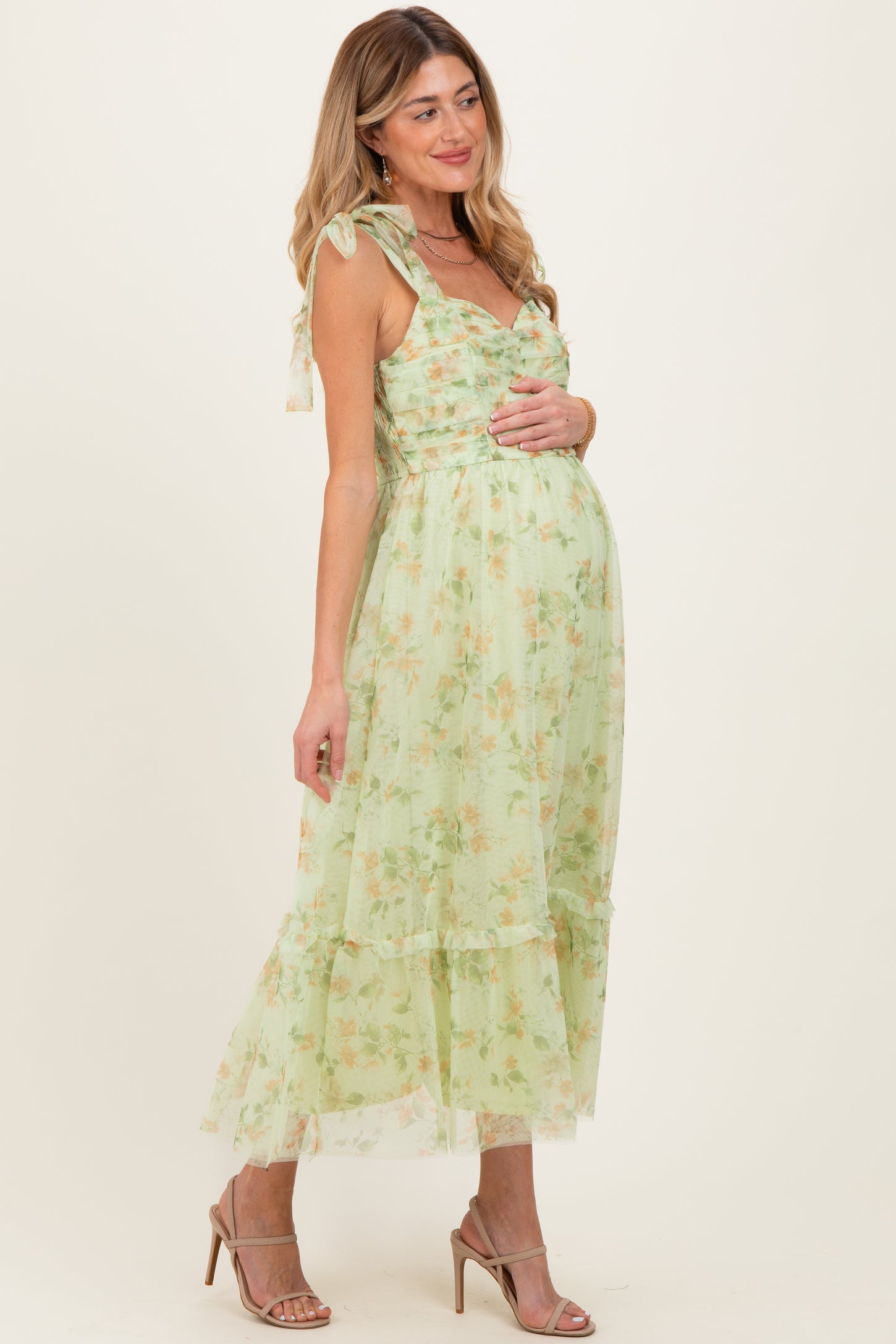 Lime Multi Floral Shirred Bodice Sleeveless Maternity Midi Dress