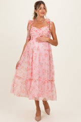 Pink Multi Floral Shirred Bodice Sleeveless Maternity Midi Dress