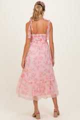 Pink Multi Floral Shirred Bodice Sleeveless Maternity Midi Dress