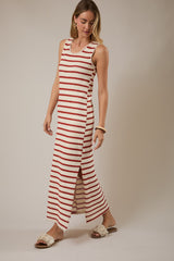 Cream Striped Crochet Knit Sleeveless Maternity Maxi Dress