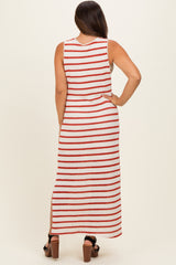 woman wearing a red and white striped maternity maxi dress with a side slit, showcasing her baby bump from the back