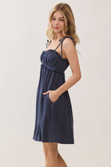 Navy Cotton Gauze Ruffle Shoulder Tie Mini Dress