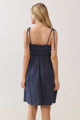 Navy Cotton Gauze Ruffle Shoulder Tie Mini Dress