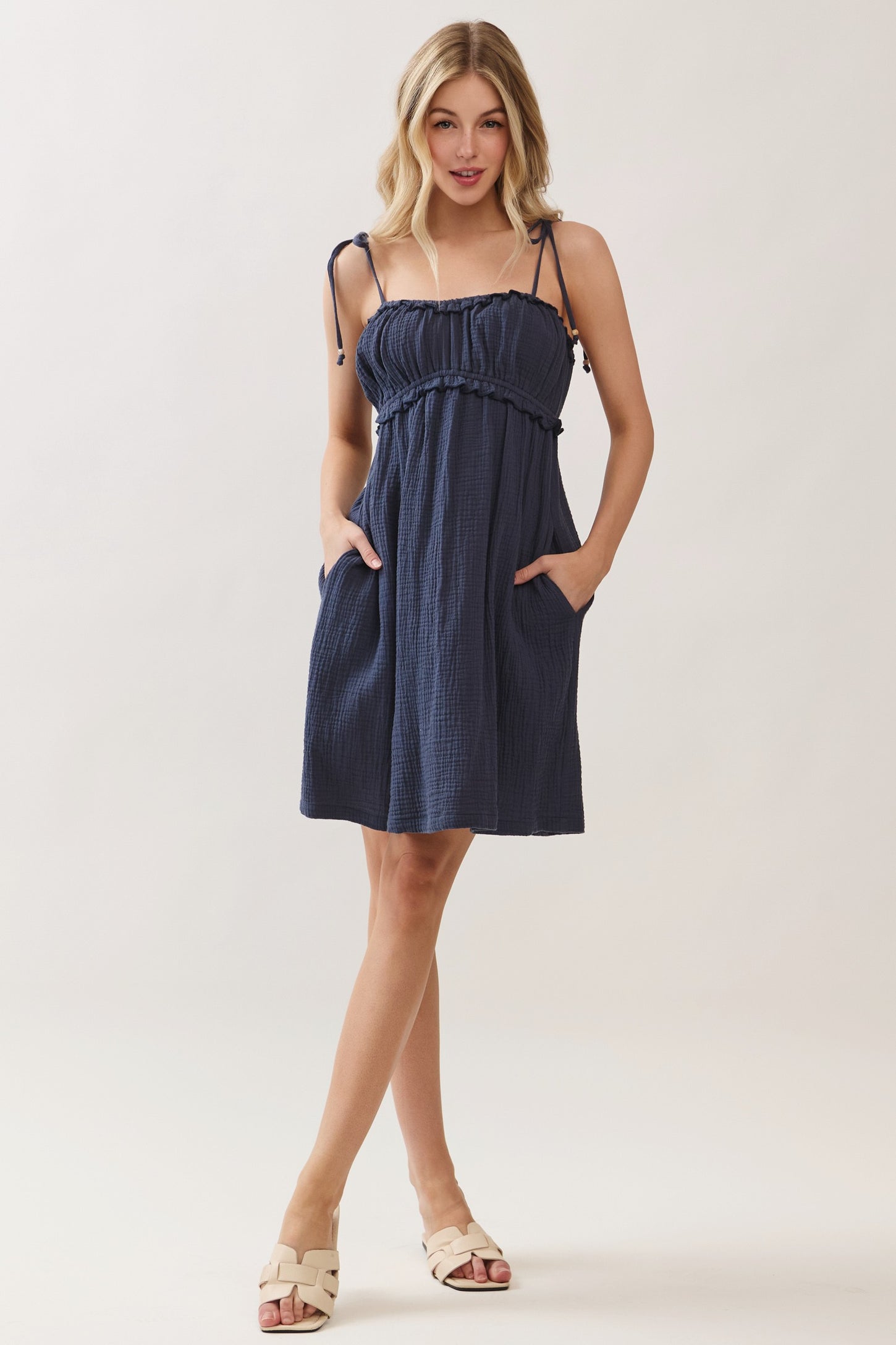 Navy Cotton Gauze Ruffle Shoulder Tie Mini Dress