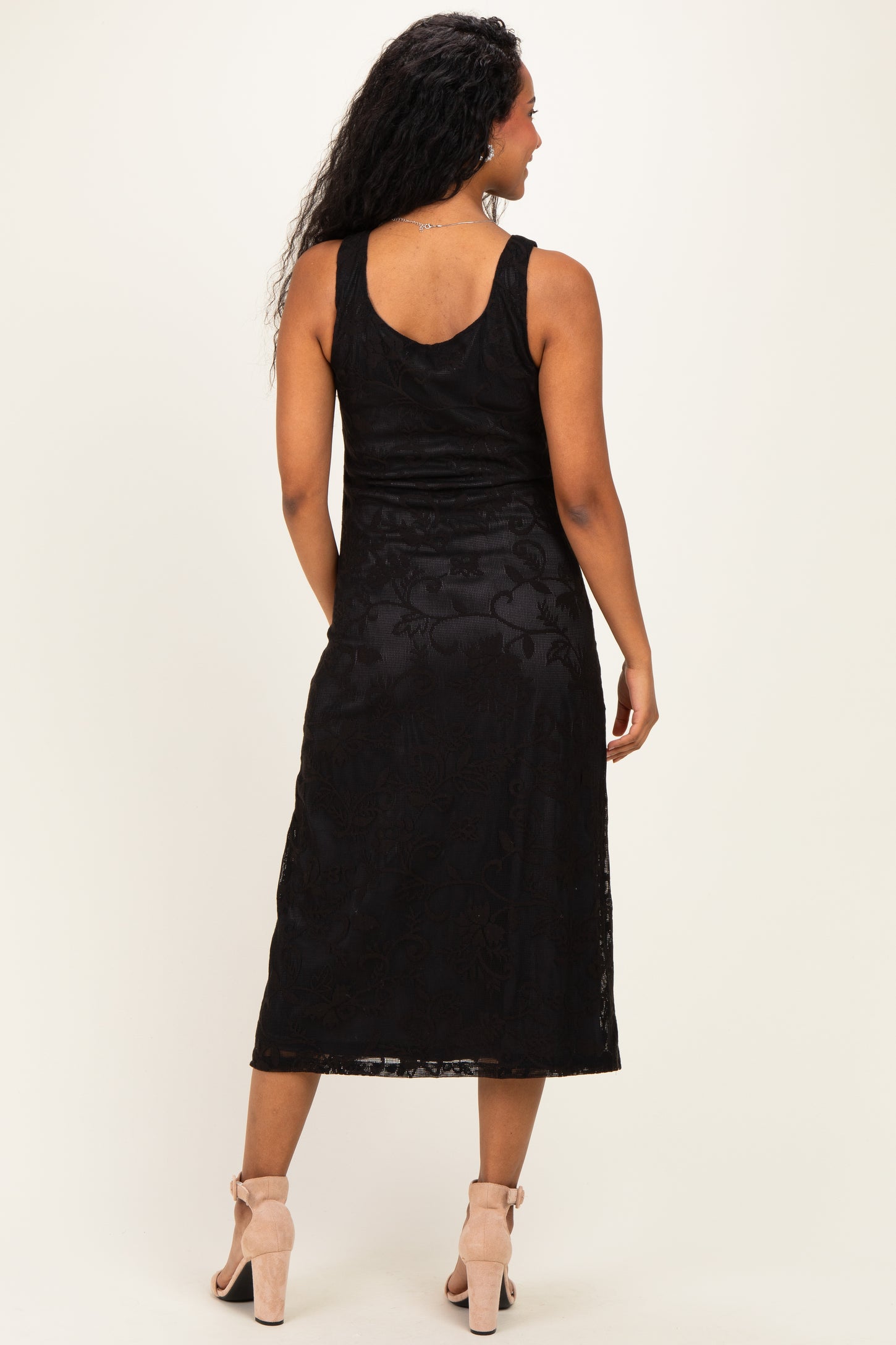 Black Floral Jacquard Mesh Maternity Midi Dress