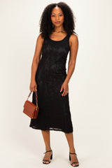 Black Floral Jacquard Mesh Midi Dress