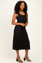 Black Floral Jacquard Mesh Midi Dress