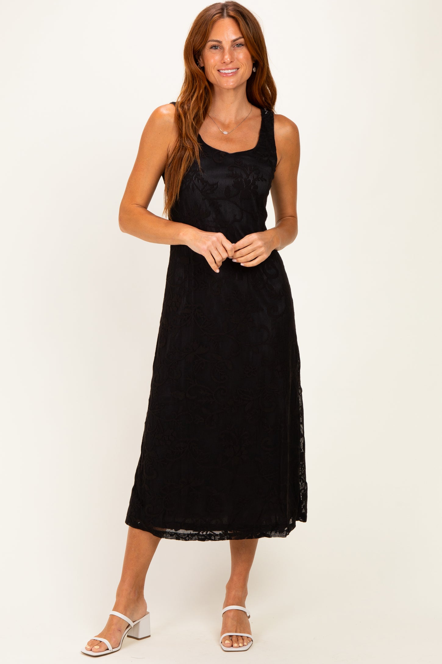 Black Floral Jacquard Mesh Midi Dress