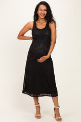 Black Floral Jacquard Mesh Maternity Midi Dress