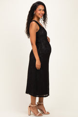 Black Floral Jacquard Mesh Maternity Midi Dress