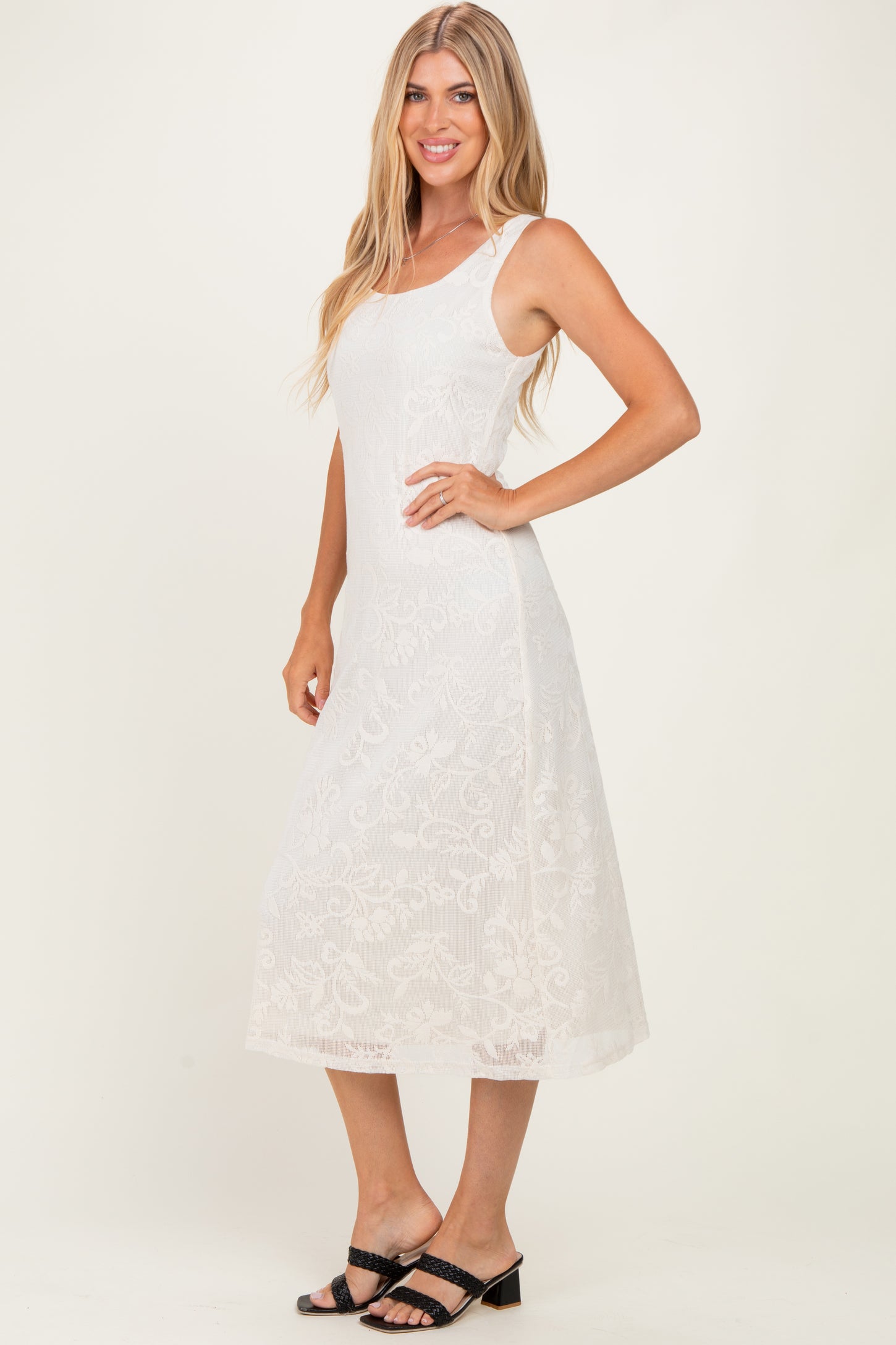 Ivory Floral Jacquard Mesh Midi Dress