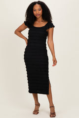 Black Smocked Ruffle Tier Maternity Midi Dress