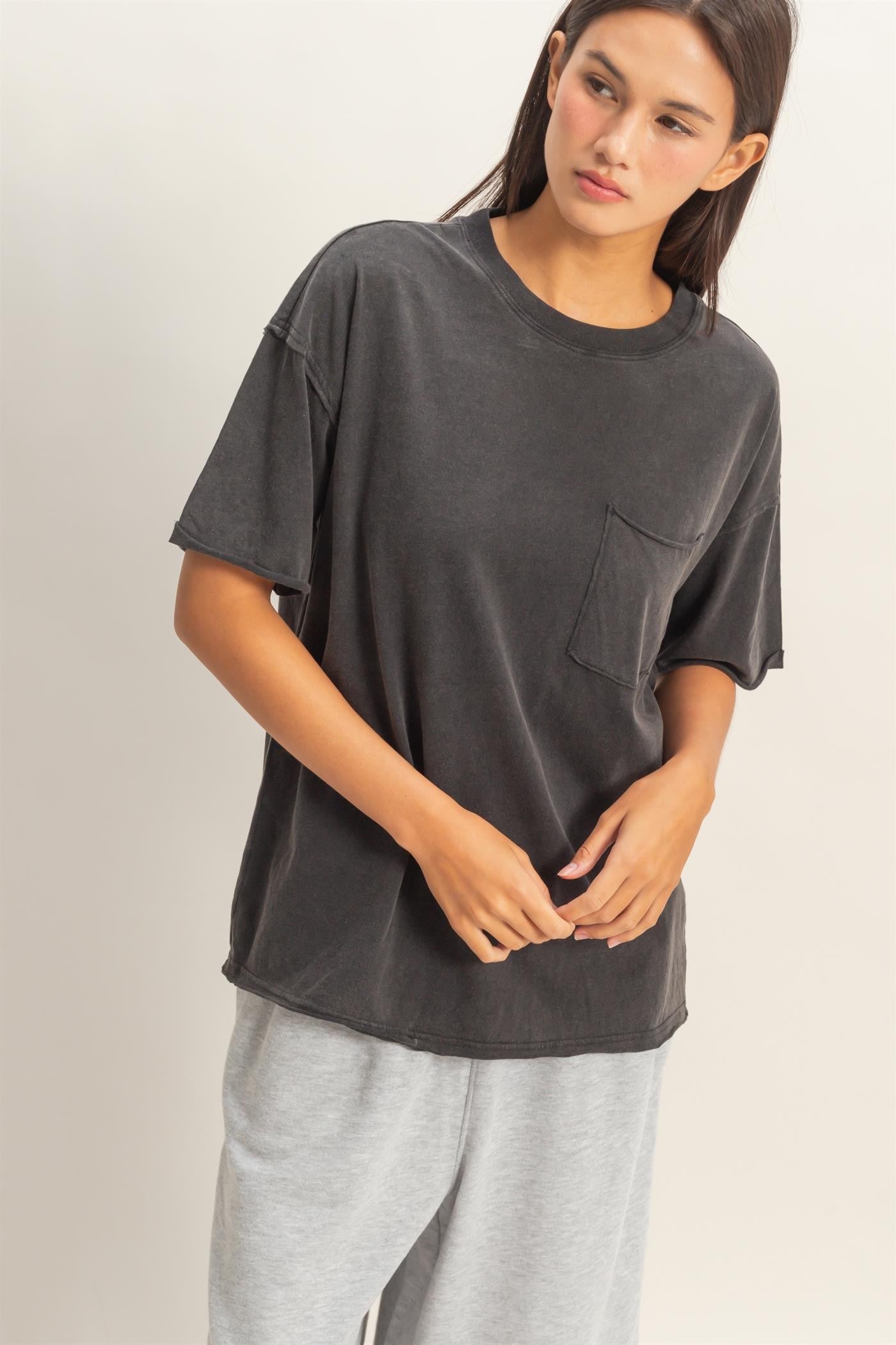 Black Vintage Wash Raw Edge Pocket Maternity T-Shirt
