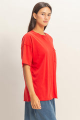 Red Vintage Wash Raw Edge Pocket T-Shirt