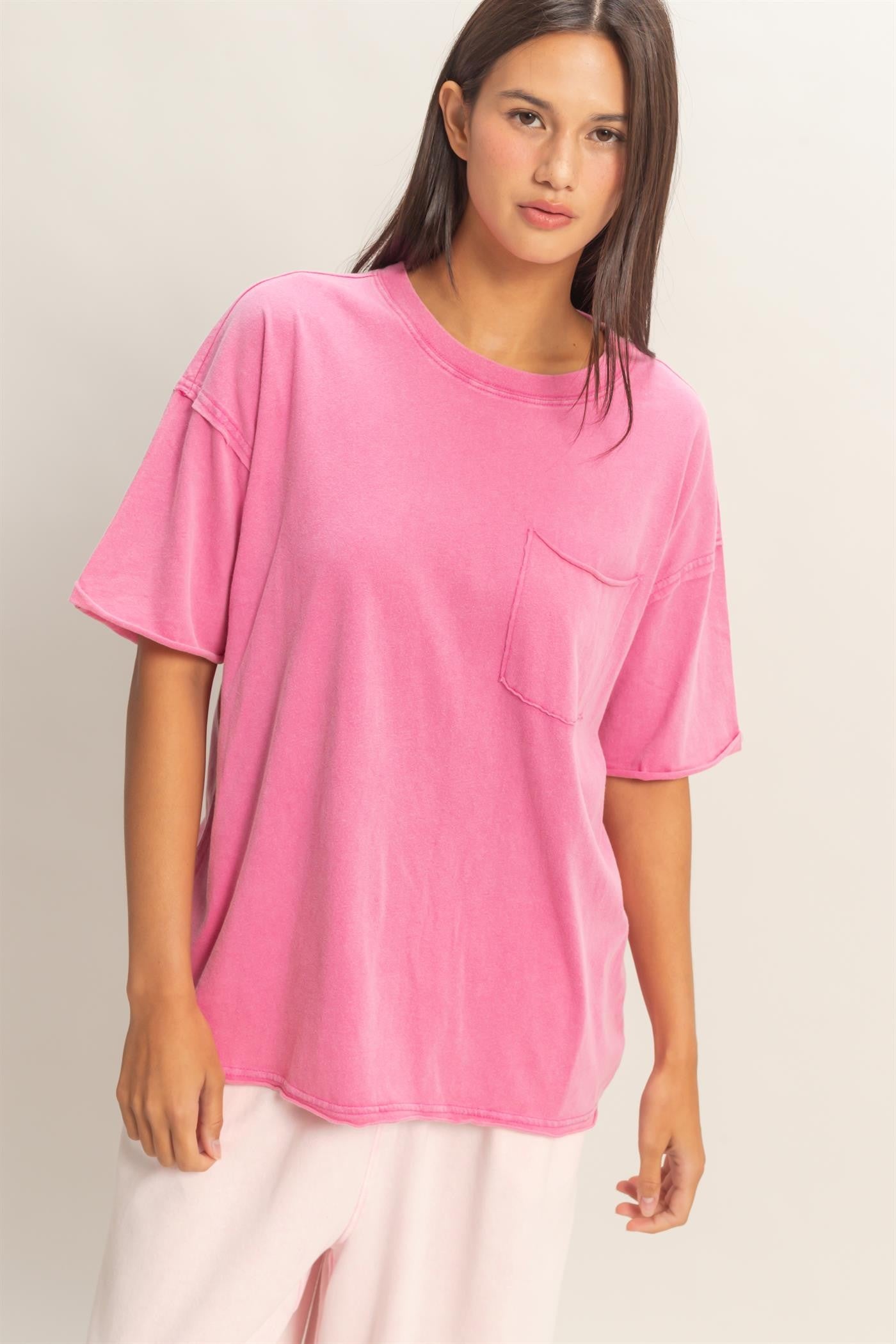 Fuchsia Vintage Wash Raw Edge Pocket Maternity T-Shirt