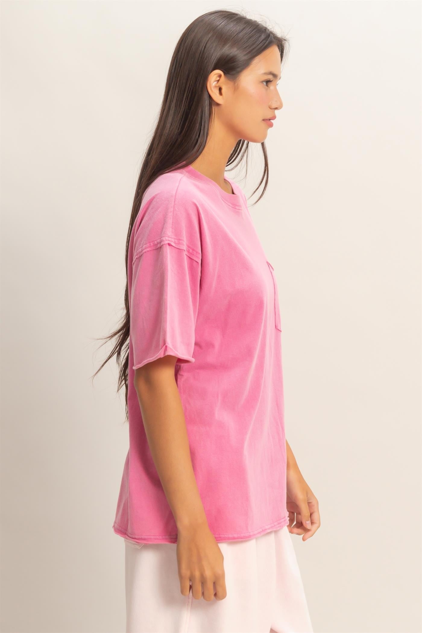Fuchsia Vintage Wash Raw Edge Pocket T-Shirt