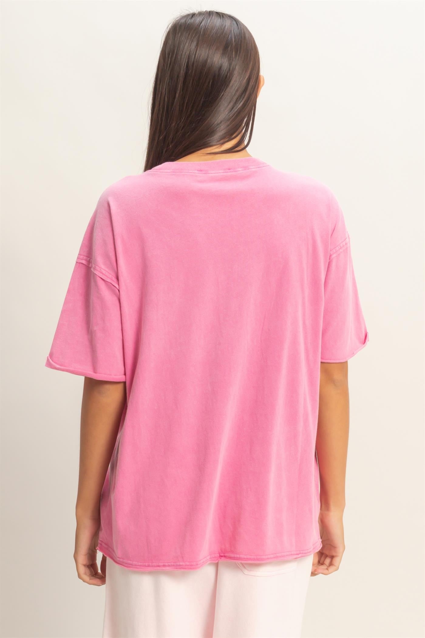 Fuchsia Vintage Wash Raw Edge Pocket T-Shirt