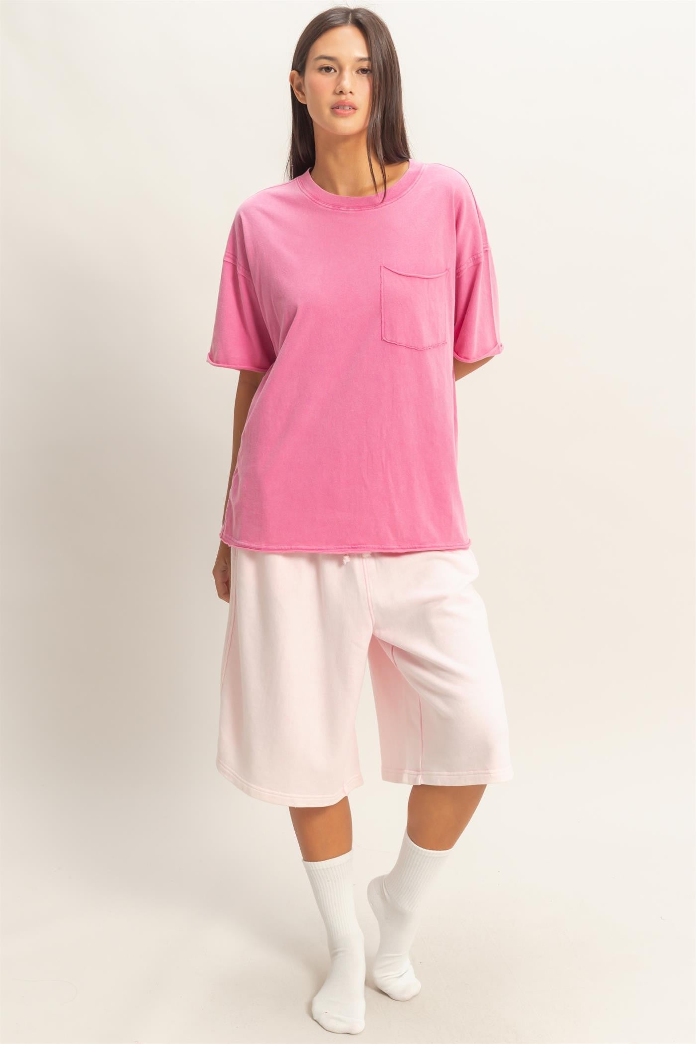 Fuchsia Vintage Wash Raw Edge Pocket T-Shirt