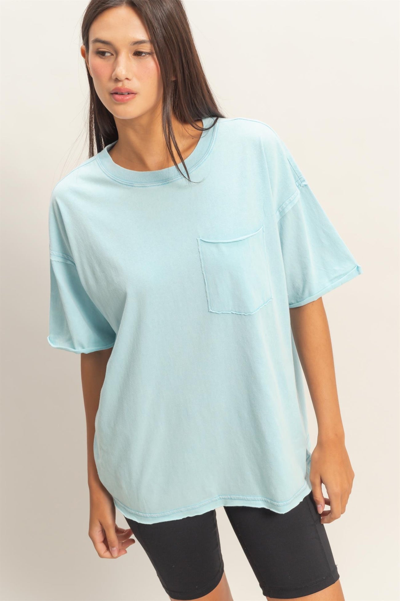 Light Blue Vintage Wash Raw Edge Pocket Maternity T-Shirt