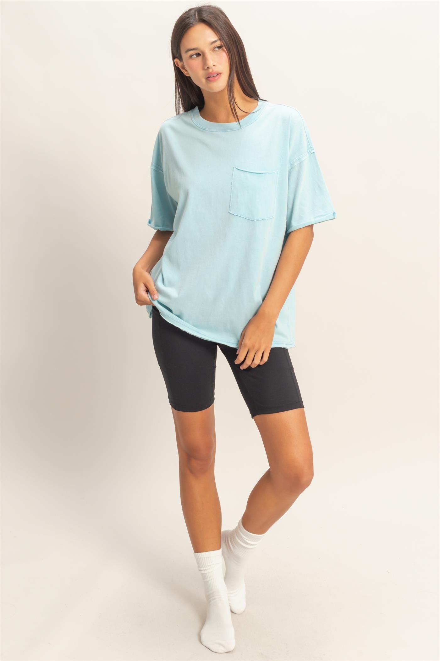 Light Blue Vintage Wash Raw Edge Pocket T-Shirt