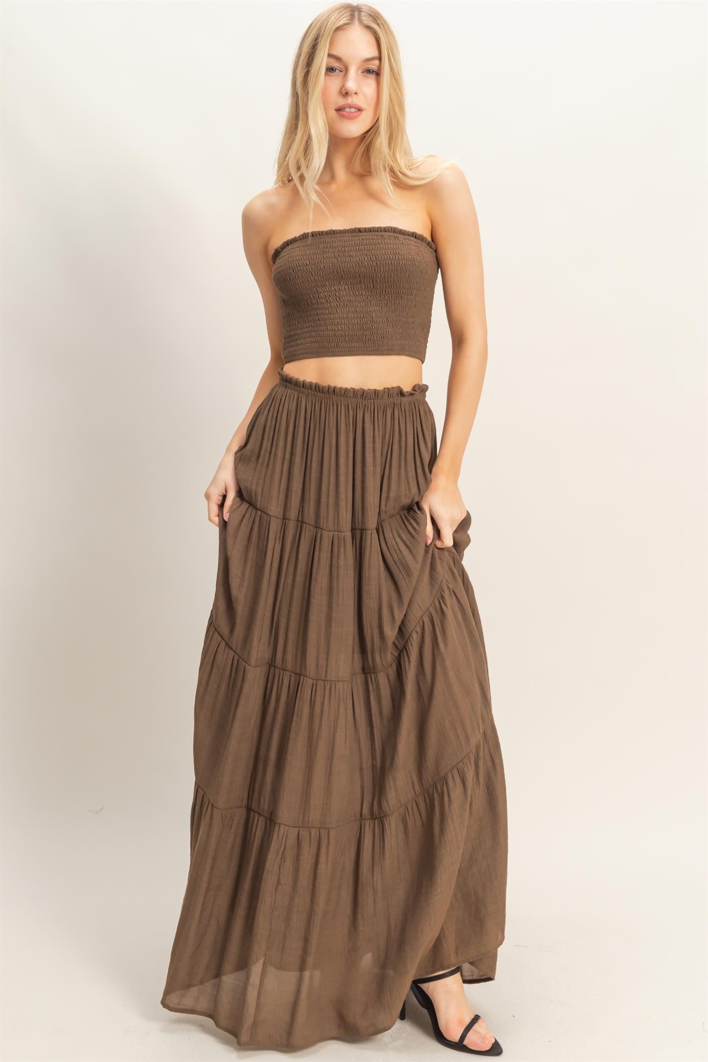 Chocolate Smocked Tube Top Tiered Skirt Set