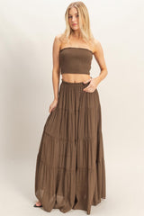 Chocolate Smocked Tube Top Tiered Skirt Set